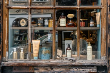 A window showcasing a variety of grooming bottles neatly arranged, A barber shop window display featuring grooming products and barber tools