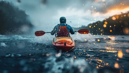 Fototapeta premium Kayaker paddles fiercely through river rapids