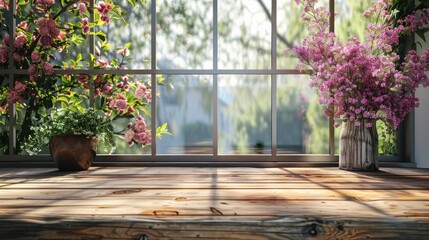 A wooden table with a vase of flowers and a potted plant on it. The table is placed near a window, which lets in natural light and provides a view of the outside - Powered by Adobe