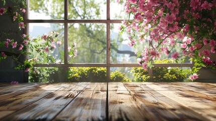 A wooden table with a view of a garden with pink flowers