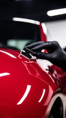 Car detailing studio worker carefully applying ceramic coating on red car 