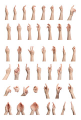 Diverse hand gestures, showing different expressions. Signs and symbols, finger movements, pinching
