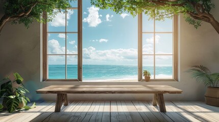 A wooden bench is placed in front of a window overlooking the ocean. The bench is empty, and the view outside is serene and calming. The sunlight streaming through the window creates a warm