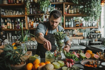 A man behind a bar counter carefully crafting a drink with various tools and ingredients, A bartender creating unique and artistic garnishes for cocktails