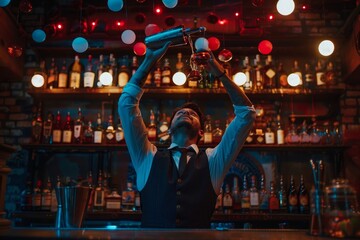 Fototapeta premium A man standing in front of a bar, holding a bottle in his hand, A bartender juggling bottles and shakers while making a drink