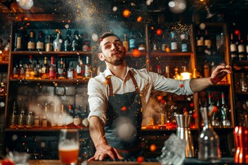 A man standing before a bar that is stocked with numerous bottles, A bartender juggling bottles and shakers while making a drink