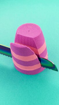 Very Satisfying and Relaxing Kinetic Sand ASMR video. Cutting anti stress macro close up colorful Kinetic Sand with a Knife. ASMR. Relaxing sounds.