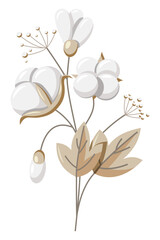 Sprout of ripe autumn cotton flower harvested in a bouquet with leaves and buds in pastel colors. Vector illustration.