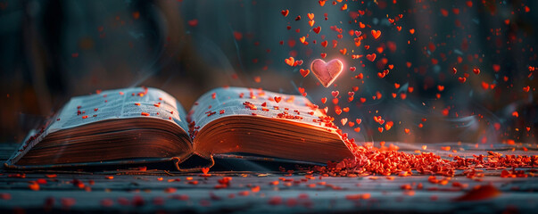 An open book with pages turning into hearts, spreading knowledge.