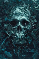 Floral Adorned Skull in Moody Blue Tones
