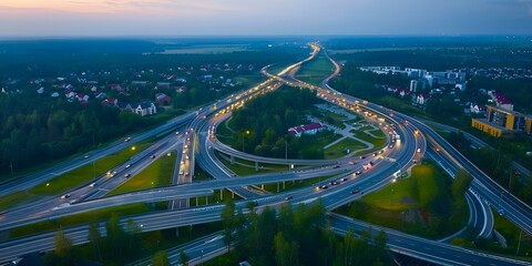 Capturing the Bustling Highway Interchange Adjacent to Urban Residential Area with an Aerial Drone. Concept Aerial Photography, Traffic Patterns, Urban Living, Infrastructure Development