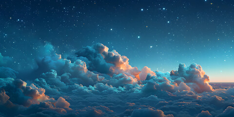 Fluffy volumetric clouds at night against a dark blue sky with stars background, creating a serene and dreamy atmosphere. Suitable for astronomy or nature-related content.