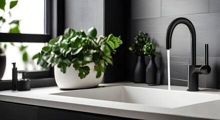 In a chic modern kitchen, a black kitchen faucet complements a white sink and a green plant. Water faucet, water tap. contemporary bathroom faucet