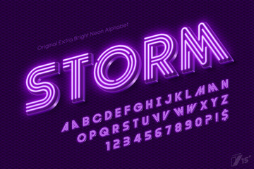 Neon light 3d alphabet, retro-futuristic original type.