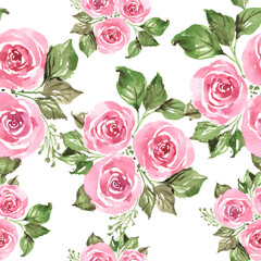 Hand drawn watercolor pink roses flowers bouquet with green leaves. Pastel colors, seamless pattern print background.