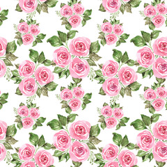 Hand drawn watercolor pink roses flowers bouquet with green leaves. Pastel colors, seamless pattern print background.