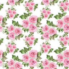 Hand drawn watercolor pink roses flowers bouquet with green leaves. Pastel colors, seamless pattern print background.
