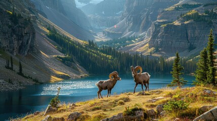 bighorn sheep traversing the rugged terrain of the Canadian Rocky Mountains, with a stunning backdrop of mountain peaks and a tranquil lake, creating a breathtaking landscape. - Powered by Adobe