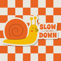 Sticker Snail Slow down Vector Illustration in Retro Groovy Style