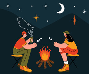 Female and male cartoon characters sitting around a bonfire. Men and women friends camping, outdoors. People at summer camp resting with a campfire in mountains. Campers roasting marshmallow
