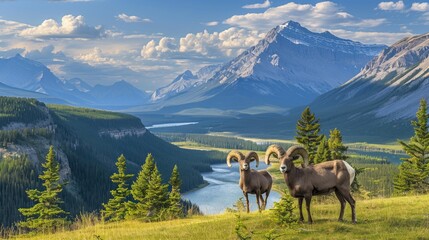 bighorn sheep traversing the rugged terrain of the Canadian Rocky Mountains, with a stunning backdrop of mountain peaks and a tranquil lake, creating a breathtaking landscape.