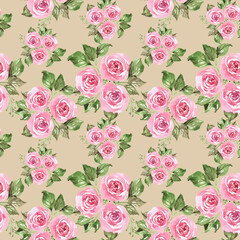 Hand drawn watercolor pink roses flowers bouquet with green leaves. Pastel colors, seamless pattern print background.