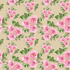 Hand drawn watercolor pink roses flowers bouquet with green leaves. Pastel colors, seamless pattern print background.