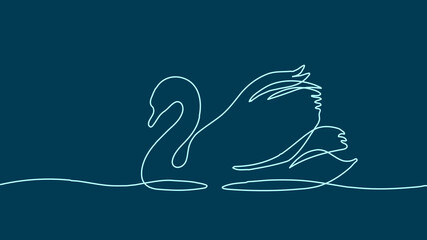  One continuous line swan bird on water surface in line art drawing style. Black ink linear sketch. Print swan outline black and white vector illustration © LuckyStep