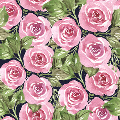 Hand drawn watercolor pink roses flowers bouquet with green leaves. Pastel colors, seamless pattern print background.