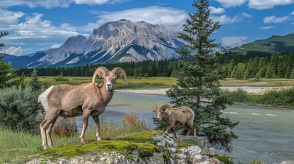 Naklejka premium bighorn sheep traversing the rugged terrain of the Canadian Rocky Mountains, with a stunning backdrop of mountain peaks and a tranquil lake, creating a breathtaking landscape.