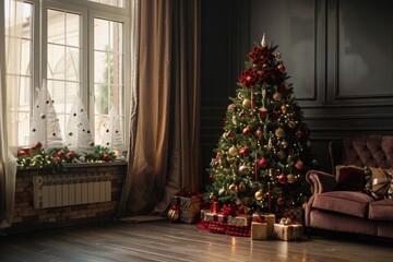 A Christmas tree adorned with ornaments and lights, standing in a cozy living room with festive decorations, A beautifully decorated Christmas tree in the corner