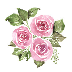 Hand drawn watercolor pink roses flowers bouquet with green leaves. Pastel colors arrangement greeting card, wedding design.