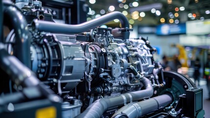 Obraz premium A detailed view of a modern vehicle's engine displayed at an automotive trade show for industry professionals