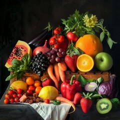 A painting showing a variety of fresh fruits and vegetables arranged on a table, A beautiful still life composition featuring fresh, vibrant fruits and vegetables