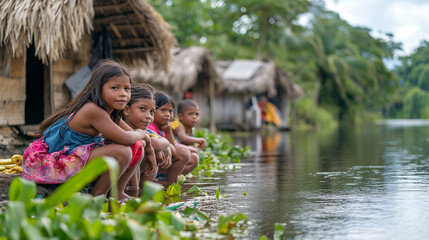Indigenous Children Sitting by the Riverside in a Remote Village