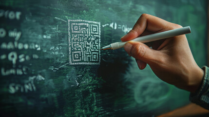 Hand drawing a QR code on a complex digital circuit board background