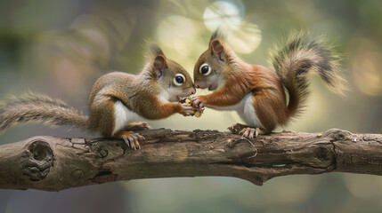 Naklejka na ściany i meble Two cute squirrels playing on the tree branch in the forest, sunlight, morning light, photoTwo cute squirrels playing on the tree branch in the forest, sunlight, morning light, photo