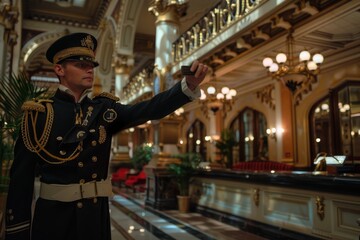 A man in a military uniform pointing at something, showcasing authority and direction, A bellhop adjusting a guest's room key in the lobby of a grand hotel