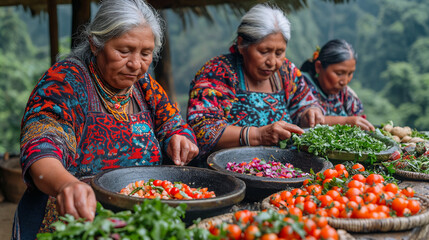 Indigenous Women Preparing Traditional Food with Fresh Vegetables and Herbs