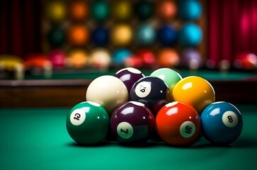 Naklejka premium Glossy Many colorful billiard balls and cue. Sport activity play leisure hobby. Generate Ai