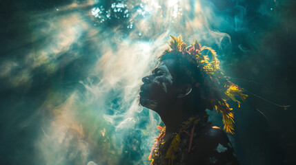 Spiritual Ritual: Indigenous Person with Traditional Headdress in Misty Forest Light