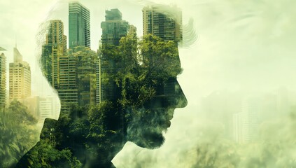 Metropolitan mind: emerald double exposure, urban nature fusion art
