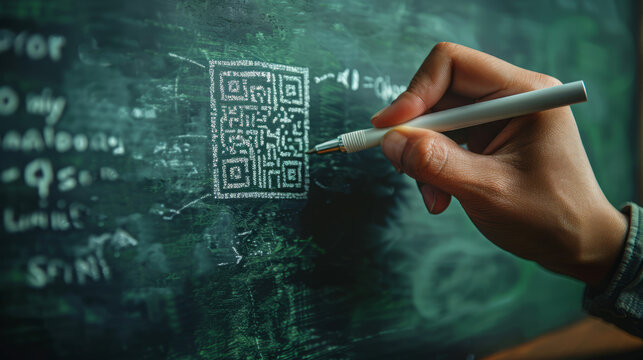 Hand drawing a QR code on a complex digital circuit board background