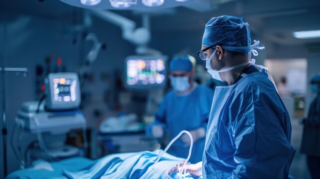 Image showcases a surgeon in scrubs observing a patient, in a state-of-the-art operating room bathed in blue light