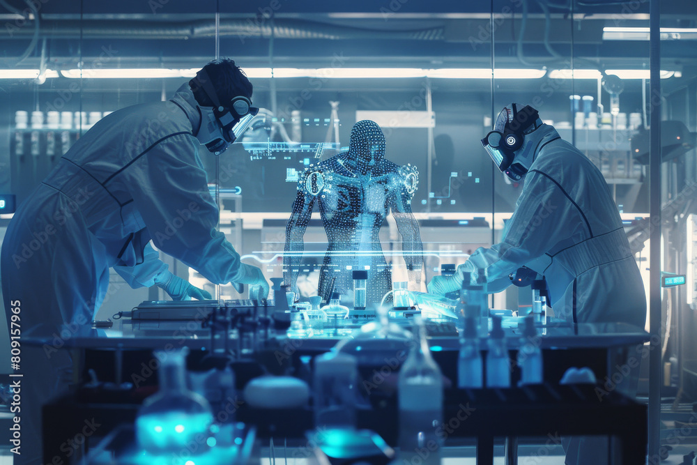 Poster two scientists are working on a robot in a lab