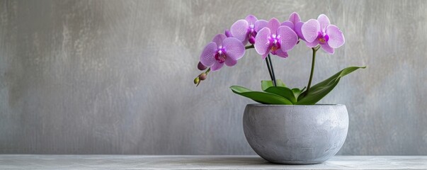 Purple orchid in a gray ceramic pot on a wooden surface against a textured gray background