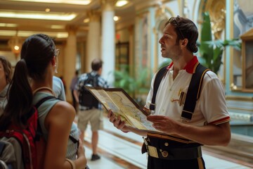 A bellhop in uniform is holding out a hotel map to guests, A bellhop offering a map of the hotel to...