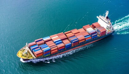Fototapeta premium detailed miniature model representing a container ship sailing through simulated open seas, logistics of import and export freight transportation. The model ship is sea water background