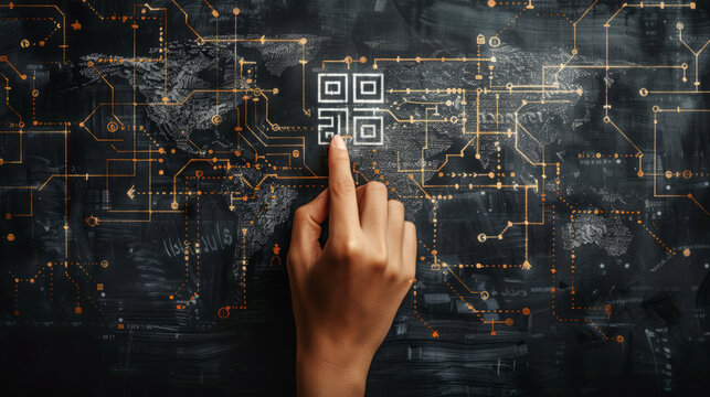 Hand drawing a QR code on a complex digital circuit board background