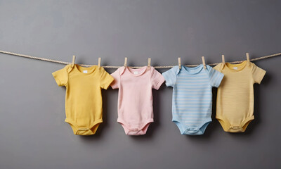 Children's clothes are dried on a rope with clothespins on a gray background. Artificial intelligence. 